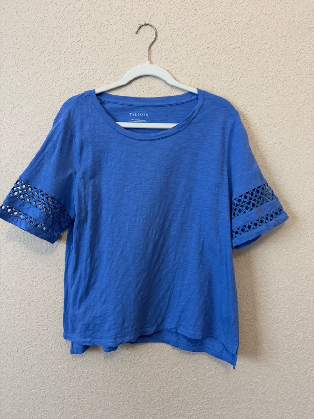 Talbots Lace Trim Blue Crewneck Tee, Size  Large, 100% Cotton